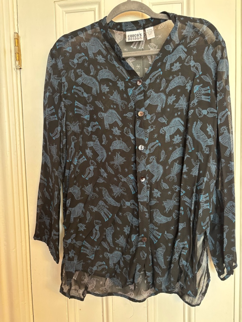 Chico's Black Shirt with Blue Whimsical Animals